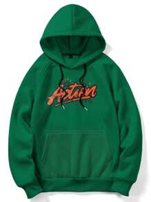 ROMWE MEN Prep Men Letter Graphic Raglan Sleeve Drawstring Thermal Lined Hoodie - Green - View 2