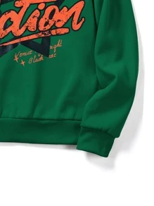 ROMWE MEN Prep Men Letter Graphic Raglan Sleeve Drawstring Thermal Lined Hoodie - Green - View 3