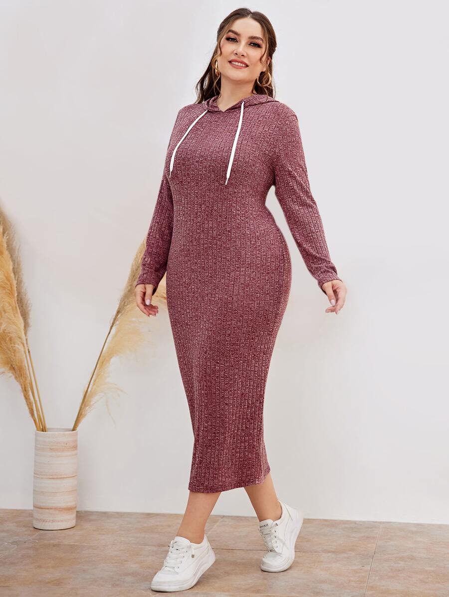 Mulvari Plus Marled Knit Drawstring Hooded Dress Maxi Women Outfit - Redwood - View 1