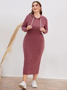 Mulvari Plus Marled Knit Drawstring Hooded Dress Maxi Women Outfit - Redwood - View 3