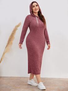Mulvari Plus Marled Knit Drawstring Hooded Dress Maxi Women Outfit - Redwood - View 4
