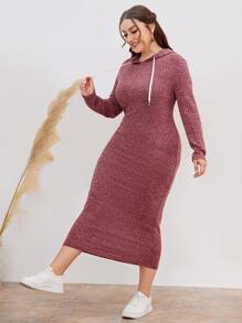 Mulvari Plus Marled Knit Drawstring Hooded Dress Maxi Women Outfit - Redwood - View 5
