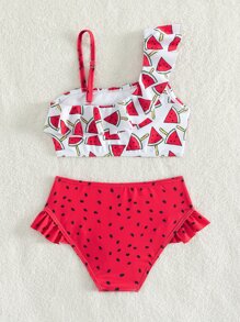 Conjunto de bikini con estampado de sandía y ribete de volantes para niña joven, verano playa - Rojo y blanco - Ver 2