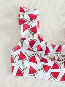 Conjunto de bikini con estampado de sandía y ribete de volantes para niña joven, verano playa - Rojo y blanco - Ver 3