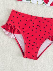 Conjunto de bikini con estampado de sandía y ribete de volantes para niña joven, verano playa - Rojo y blanco - Ver 4