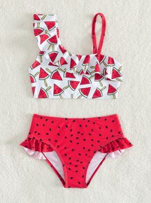 Conjunto de bikini con estampado de sandía y ribete de volantes para niña joven, verano playa - Rojo y blanco - Ver 5