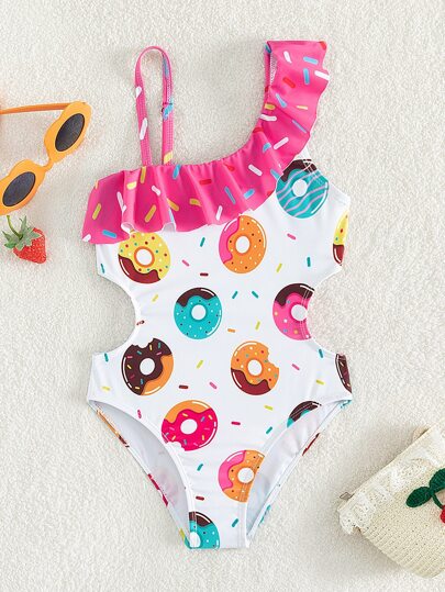 年輕女孩甜甜圈印花剪裁荷邊不對稱領口單件泳衣