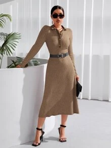 SHEIN Essnce Polo Neck Split Sleeve Ribbed Knit Dress Without Belt - Khaki - View 3