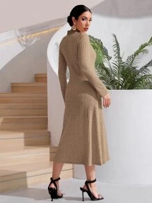 SHEIN Essnce Polo Neck Split Sleeve Ribbed Knit Dress Without Belt - Khaki - View 2