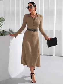 SHEIN Essnce Polo Neck Split Sleeve Ribbed Knit Dress Without Belt - Khaki - View 4