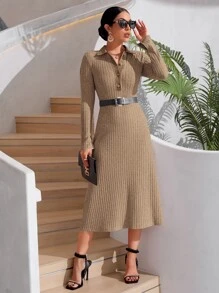 SHEIN Essnce Polo Neck Split Sleeve Ribbed Knit Dress Without Belt - Khaki - View 5