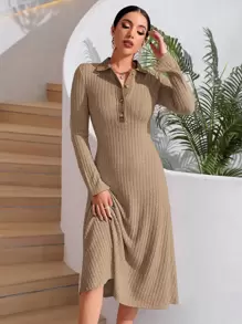 SHEIN Essnce Polo Neck Split Sleeve Ribbed Knit Dress Without Belt - Khaki - View 1