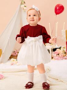 Baby Two Tone Bow Front Dress - Red and White - View 7