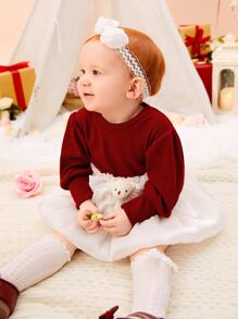 Baby Two Tone Bow Front Dress - Red and White - View 3