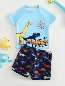 Toddler Boys Cartoon Dinosaur Swimsuit - Blue - View 1