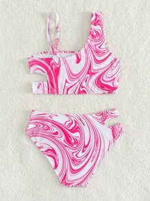 Young Girl Fluid Pattern Cut Out Bikini Set Summer Beach - Multicolor - View 2
