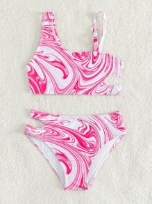 Young Girl Fluid Pattern Cut Out Bikini Set Summer Beach - Multicolor - View 4