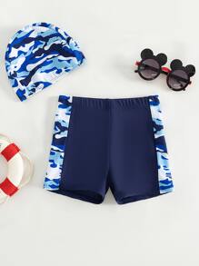 Young Boy Camo Print Swim Shorts With Swim Cap