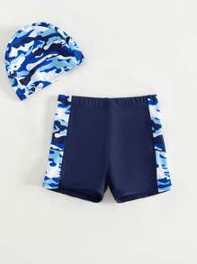 Young Boy Camo Print Swim Shorts With Swim Cap