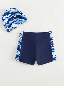 Young Boy Camo Print Swim Shorts With Swim Cap