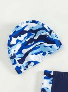 Young Boy Camo Print Swim Shorts With Swim Cap