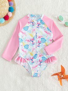 小女童火烈鳥和熱帶印花前拉鍊連體泳衣 - 彩色 - 查看 1