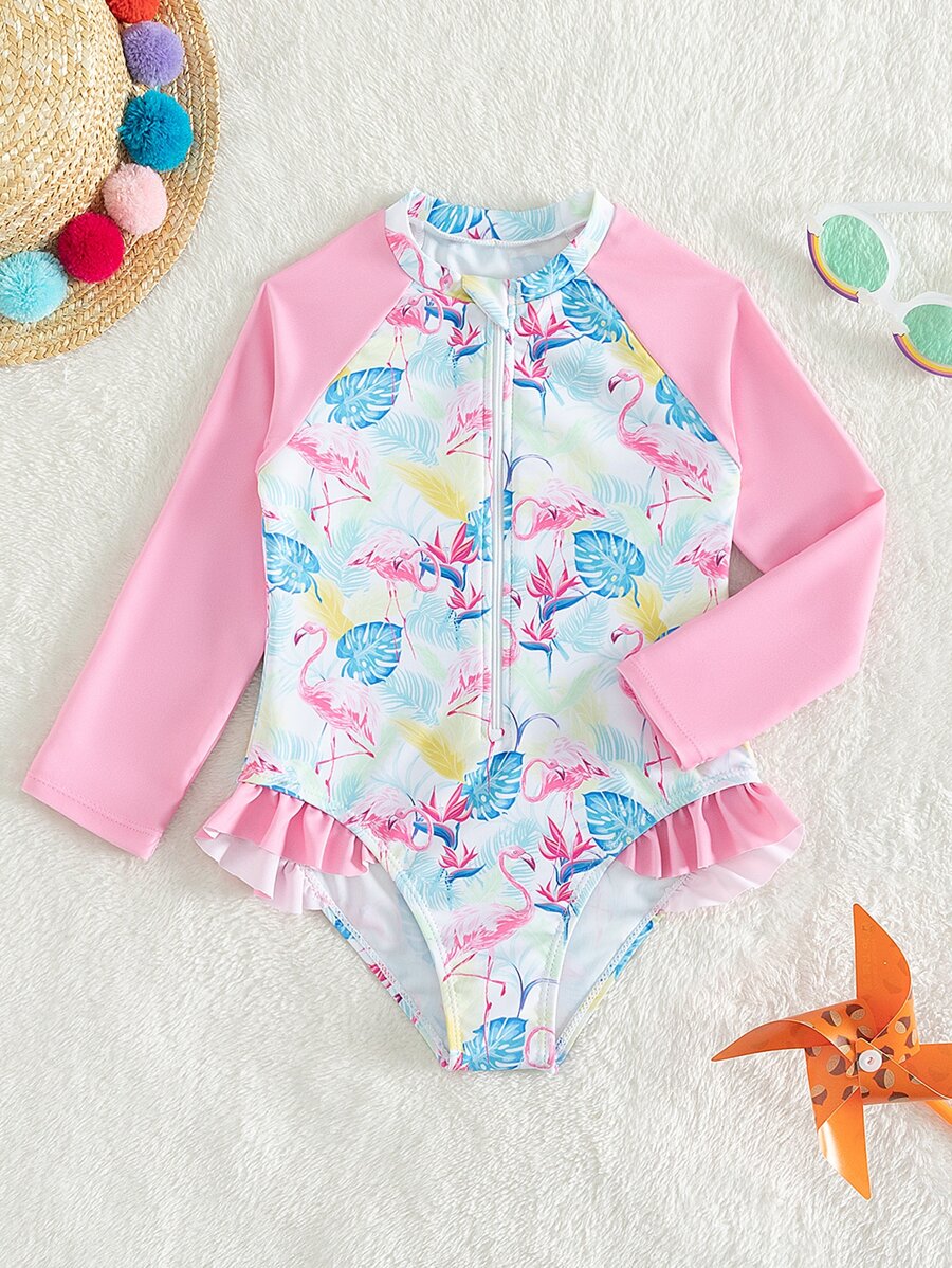 小女童火烈鳥和熱帶印花前拉鍊連體泳衣 - 彩色 - 查看 1