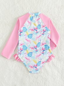 小女童火烈鳥和熱帶印花前拉鍊連體泳衣 - 彩色 - 查看 2