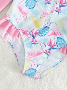 小女童火烈鳥和熱帶印花前拉鍊連體泳衣 - 彩色 - 查看 3
