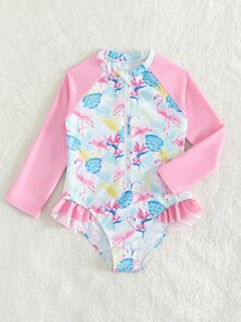 小女童火烈鳥和熱帶印花前拉鍊連體泳衣 - 彩色 - 查看 4