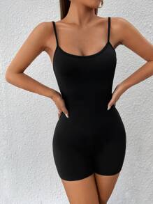 SHEIN PETITE 素色吊帶緊身連體短褲 - 黑色 - 查看 4