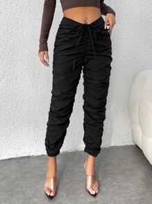 SHEIN PETITE Drawstring V-Cut Waist Ruched Stacked Trousers - Black - View 1