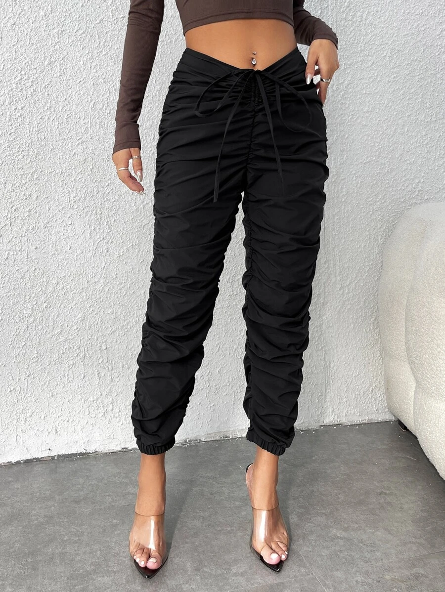 SHEIN PETITE Drawstring V-Cut Waist Ruched Stacked Trousers - Black - View 1