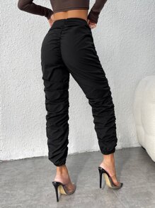 SHEIN PETITE Drawstring V-Cut Waist Ruched Stacked Trousers - Black - View 2