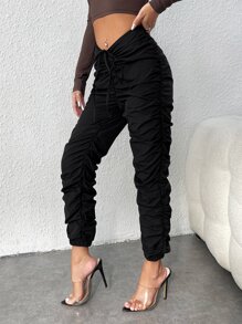 SHEIN PETITE Drawstring V-Cut Waist Ruched Stacked Trousers - Black - View 5