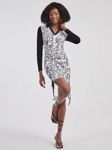 Nath Bermudez 人像圖案側抽繩緊身連衣裙 - 黑與白 - 查看 7