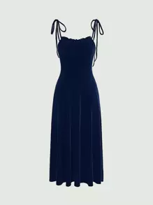 SHEIN MOD Frill Trim Knot Shoulder Velvet Cami Dress - Navy Blue - View 1