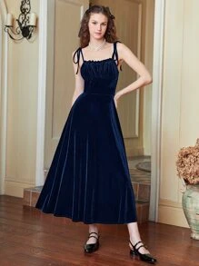 SHEIN MOD Frill Trim Knot Shoulder Velvet Cami Dress - Navy Blue - View 2