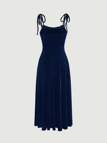 SHEIN MOD Frill Trim Knot Shoulder Velvet Cami Dress - Navy Blue - View 5