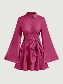SHEIN MOD Vestido camisero manga de campana con lazo delantero bajo con fruncido - Rosa Fucsia - Ver 1