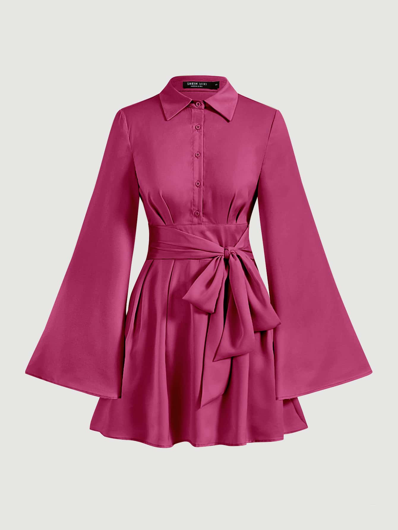 SHEIN MOD Vestido camisero manga de campana con lazo delantero bajo con fruncido - Rosa Fucsia - Ver 1