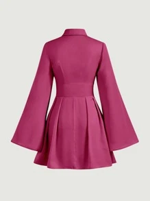 SHEIN MOD Vestido camisero manga de campana con lazo delantero bajo con fruncido - Rosa Fucsia - Ver 2