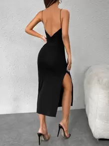 SHEIN PETITE 扭結露背高衩吊帶連衣裙 - 黑色 - 查看 3