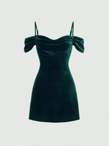SHEIN MOD 挖肩褶邊絲絨洋裝 - 墨綠色 - 查看 1