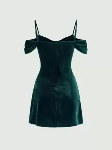 SHEIN MOD 挖肩褶邊絲絨洋裝 - 墨綠色 - 查看 2