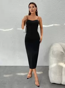 SHEIN PETITE 扭結露背高衩吊帶連衣裙 - 黑色 - 查看 5