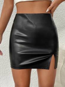 SHEIN PETITE Split Hem PU Bodycon Skirt - Black - View 1