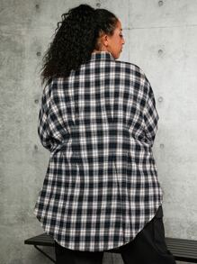 SHEIN CURVE+ Plus Plaid Print Drop Shoulder Shirt - Black and White - View 2