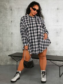 SHEIN CURVE+ Plus Plaid Print Drop Shoulder Shirt - Black and White - View 6