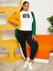 SHEIN CURVE+ Plus Letter Graphic Colourblock Tee & Leggings - Multicolor - View 3